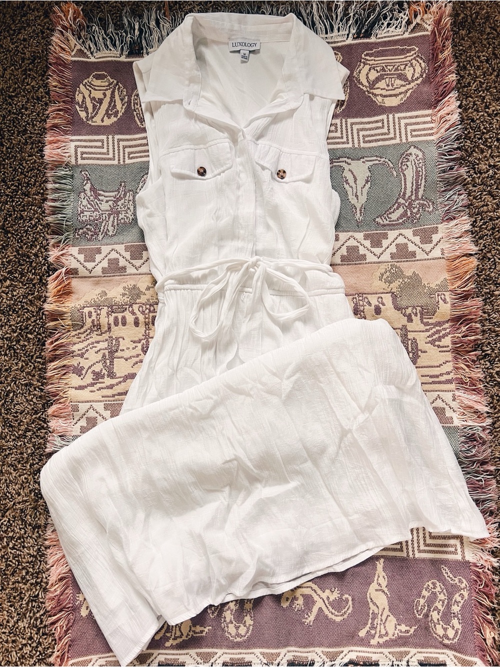 Luxology White Sleeveless Drawstring Linen-Blend Jumpsuit
